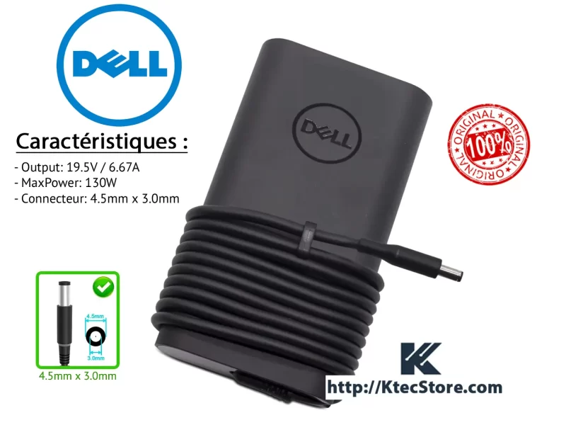 Chargeur Dell 130W Original 19.5V 6.67A fiche bleue 4.5×3.0mm – compatible XPS, Latitude, Precision – KtecStore Algérie
