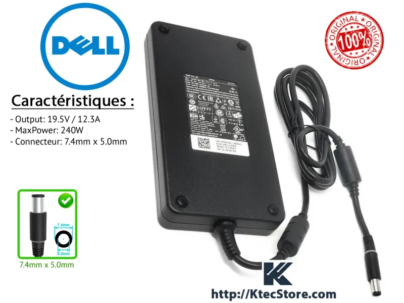 Chargeur Dell 240W 19.5V 12.3A Connecteur 7.4x5.0mm Original compatible Alienware, Precision et XPS