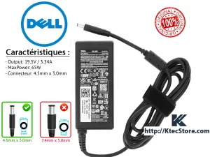 Chargeur DELL 65W Original 19.5V 3.34A pour Inspiron, Latitude, XPS – Connecteur 4.5×3.0mm