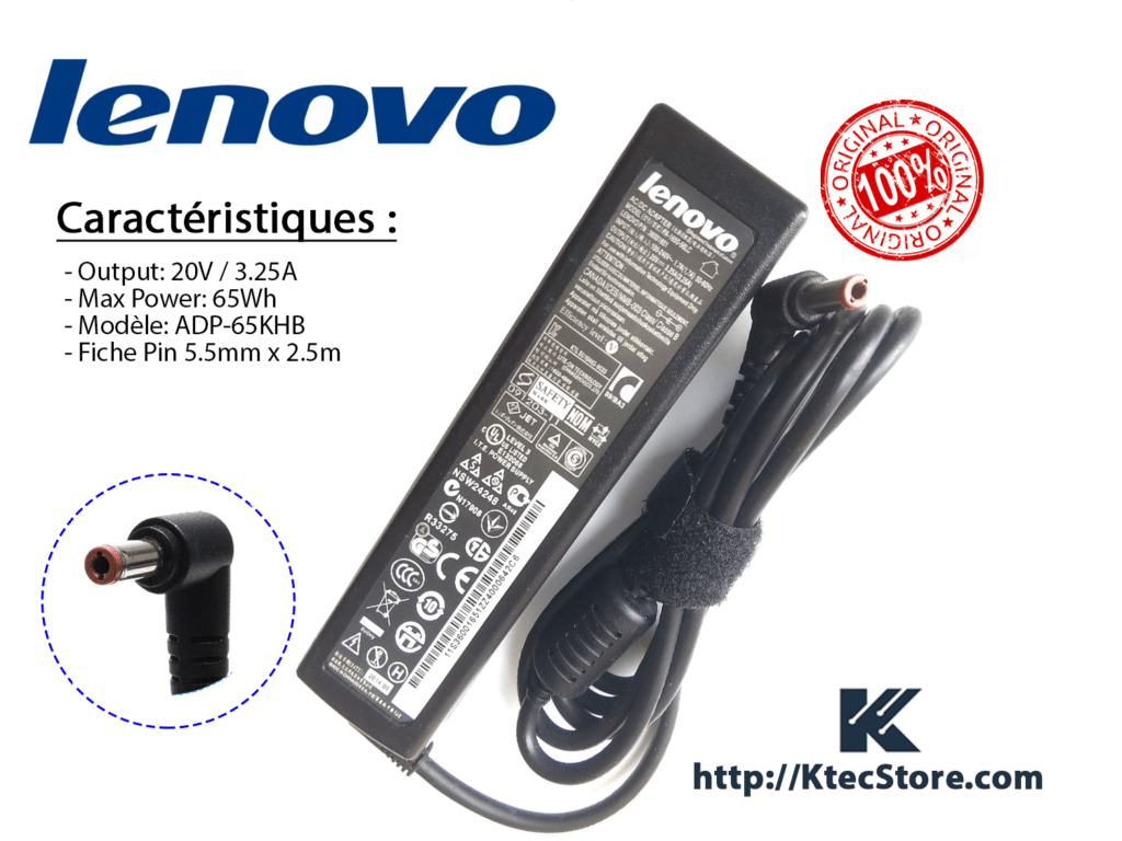 Chargeur Lenovo 65w 20v 325a Connecteur 55mm X 25m 2085