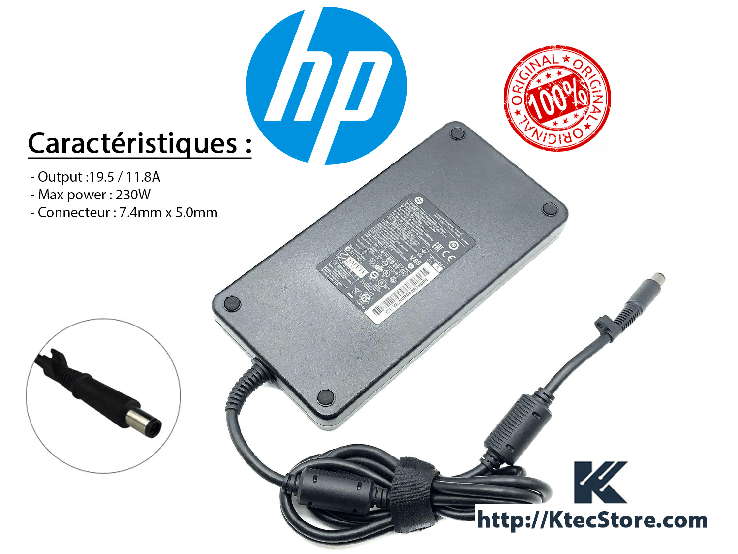 Chargeur HP 150W ORIGINAL 19.5V / 7.7A Fiche Bleu 4.5mm x 3.0mm - KtecStore