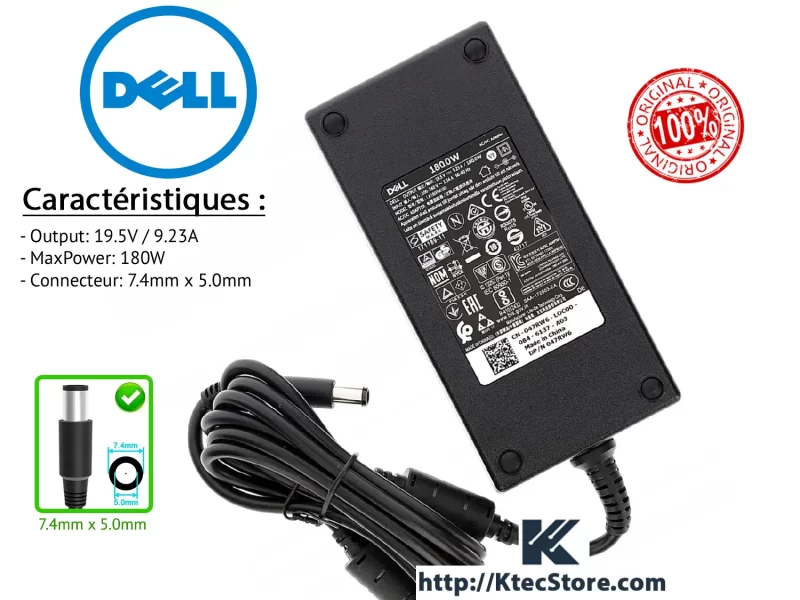 Chargeur Dell 180W Original 19.5V 9.23A connecteur 7.4×5.0mm – Compatible Alienware, Precision, XPS – KtecStore Algérie