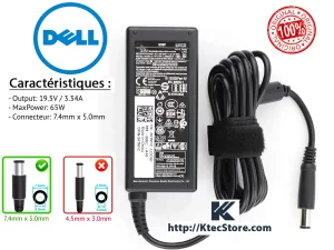 Chargeur Dell 65W 19.5V 3.34A Original 7.4×5.0mm
