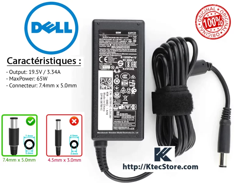 Chargeur Dell 65W 19.5V 3.34A Original 7.4×5.0mm