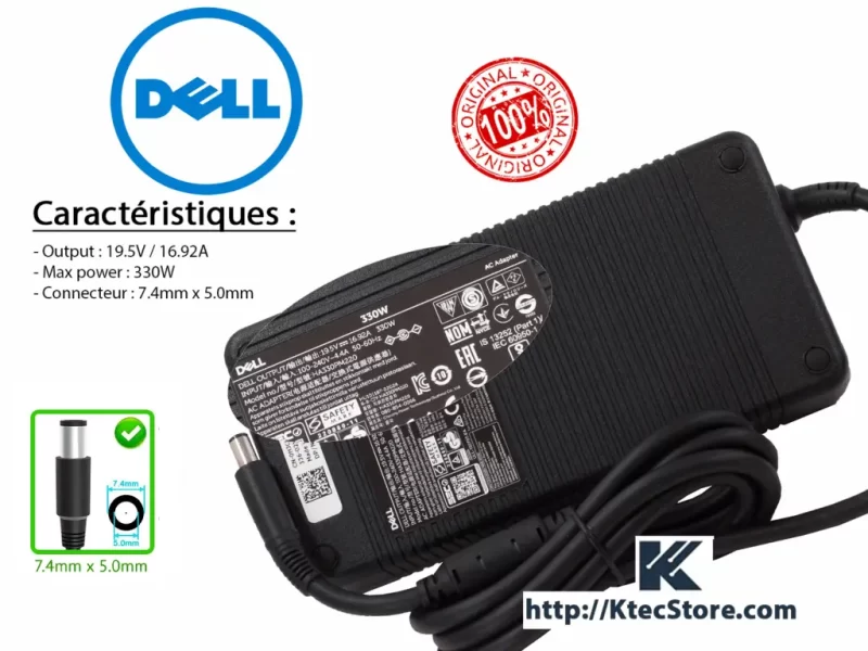 Chargeur Dell 330W 19.5V 16.92A Connecteur 7.4x5.0mm Original compatible Alienware, Precision, XPS