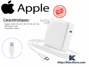 Chargeur Apple 61W USB-C Type-C original 20.3V 3A compatible MacBook Pro 13 pouces, MacBook Air et iPad Pro