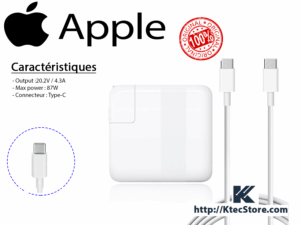 Chargeur Apple 87W USB-C original pour MacBook Pro 15 pouces, iPad Pro et MacBook Air – compatible Power Delivery