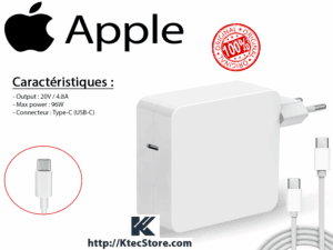 Chargeur Apple 96W Type-C original pour MacBook Pro 16 pouces, M1, M2 et iPad Pro – Vente en Algérie sur KtecStore