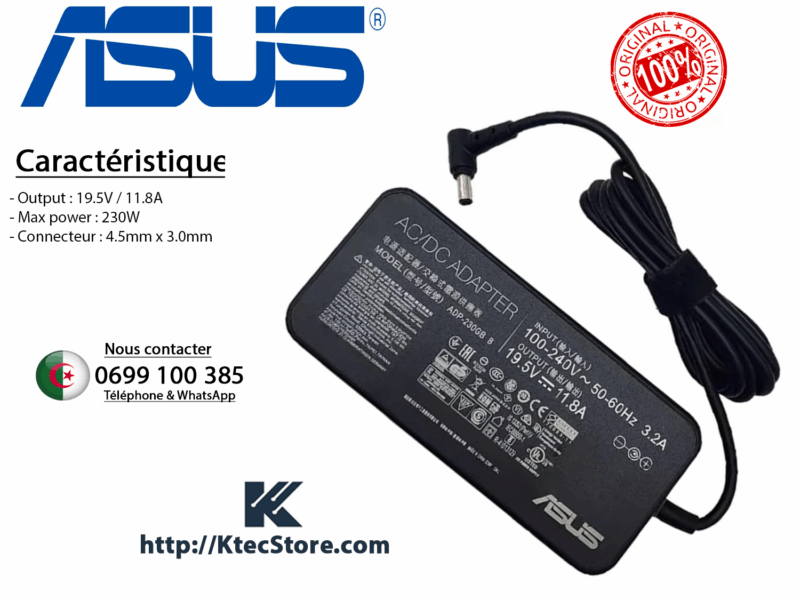 Chargeur 230W ASUS 19.5V 11.8A ORIGINAL Connecteur 4.5mm x 3.0mm