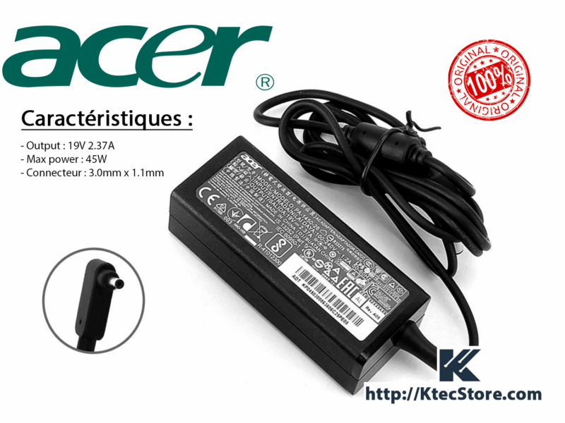 Chargeur Acer 45W 19V 2.37A original pour Aspire, Swift et Chromebook en Algérie