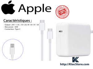 Chargeur Apple 30W Type-C ORIGINAL USB-C compatible MacBook Air, iPad Pro et iPhone 14 – Adaptateur secteur rapide Power Delivery