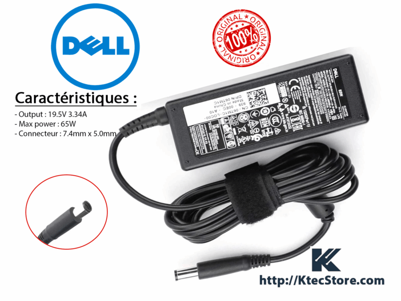 Chargeur Dell 65W original compatible avec les modèles Latitude, Inspiron et Vostro (connecteur 7.4mm x 5.0mm)