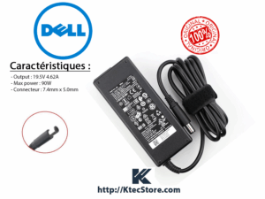 Chargeur Dell 90W original 19.5V 4.62A avec connecteur rond 7.4mm x 5.0mm compatible Dell Latitude, Inspiron, Vostro et XPS