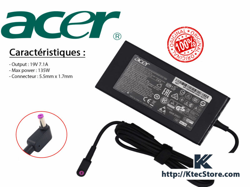 Chargeur ACER 135W ORIGINAL 19V 7.1A