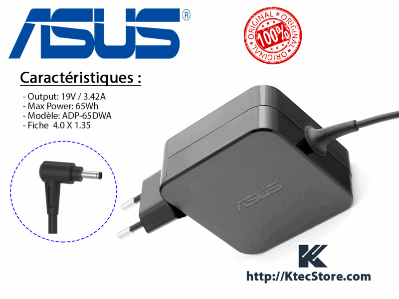 Chargeur ASUS 65W ORIGINAL 19V / 3.42A Connecteur 4.0mm x 1.35mm