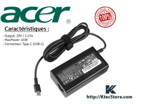 Chargeur ACER 65W Type-C USB-C Original compatible Swift, Chromebook, TravelMate et Spin – Adaptateur d’alimentation officiel Acer en Algérie