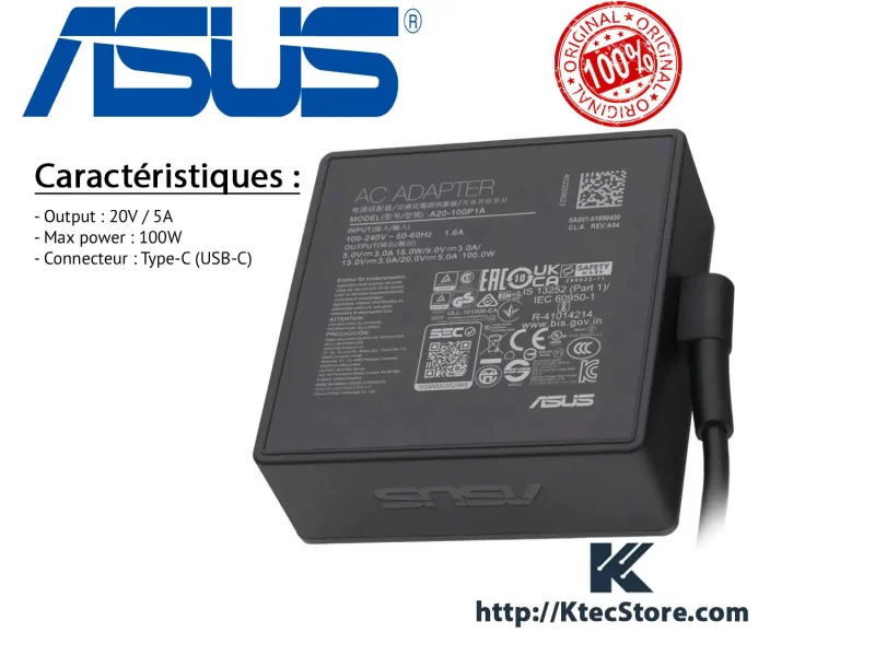 Chargeur ASUS 100W Type-C USB-C ROG Original – Puissance et compatibilité optimale en Algérie Chargeur ASUS 100W Type-C USB-C ROG Original 20V 5A pour ordinateurs portables et consoles ROG Ally en Algérie