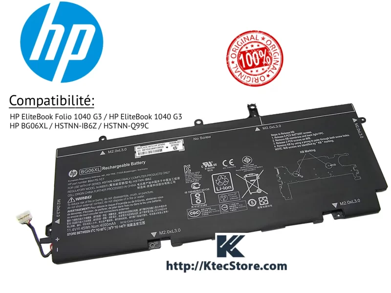 Batterie HP BG06XL 11.4V 45Wh pour EliteBook 1040 G3 Algérie Batterie HP BG06XL originale pour HP EliteBook Folio 1040 G3 KtecStore Algérie