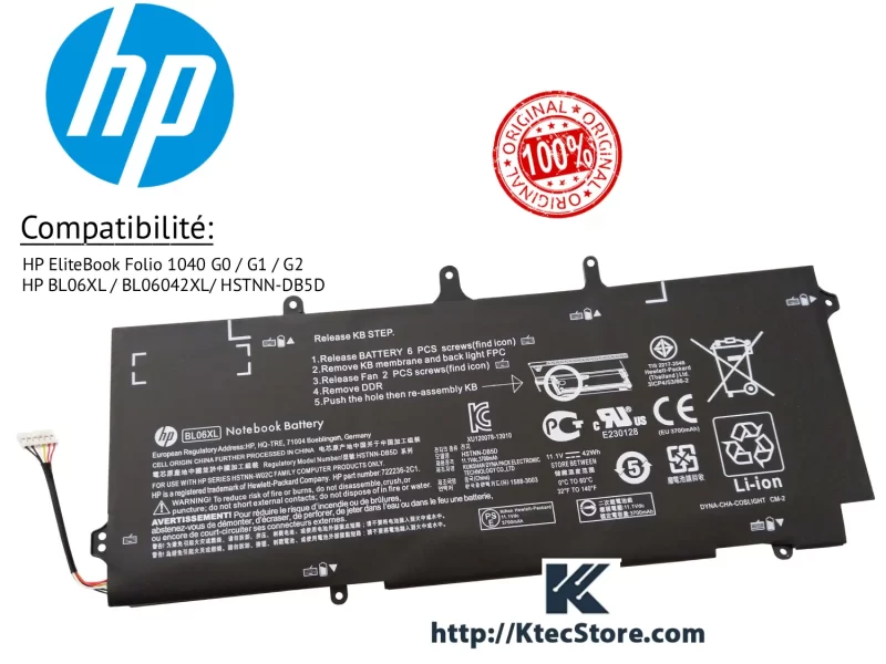 Batterie HP BL06XL 11.1V 42Wh – EliteBook Folio 1040 G0 G1 G2 KtecStore Batterie HP BL06XL pour HP EliteBook Folio 1040 G0 G1 G2 Algérie