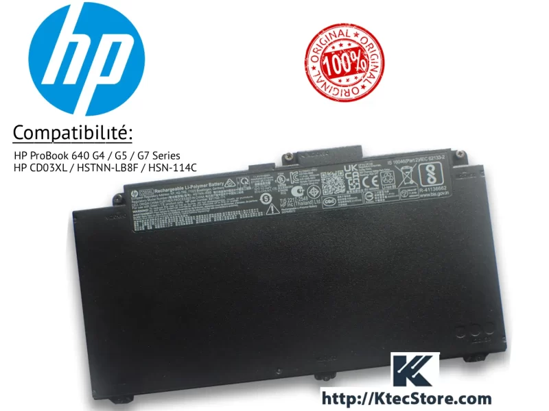 Batterie HP CD03XL Originale pour HP ProBook 640/650 G4 G5 G7 Batterie HP CD03XL 3 cellules 11.4V pour HP ProBook série G4 G5 G7 Algérie