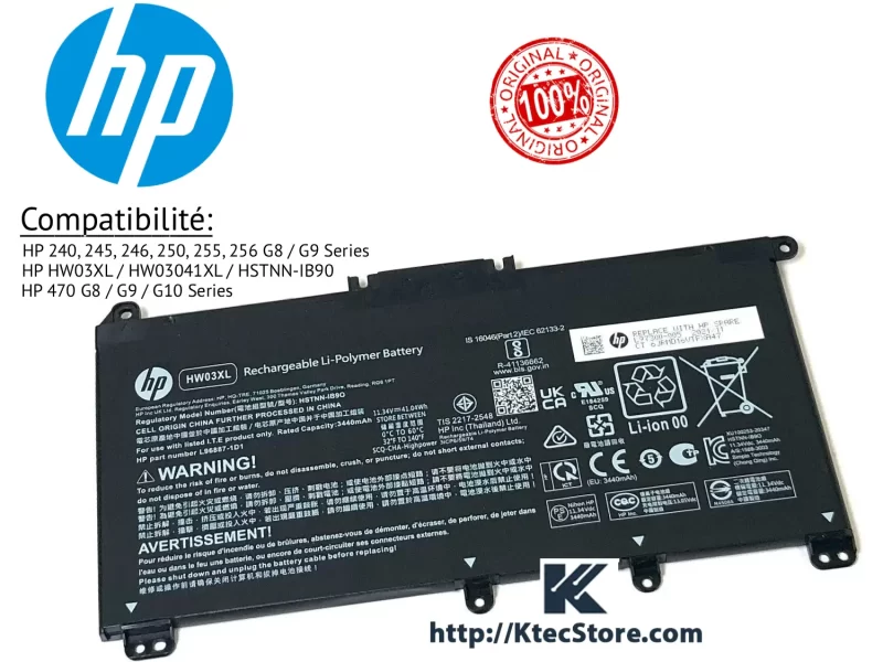 Batterie HP HW03XL Originale pour HP Pavilion 15 / 17 et HP 240-256 G8/G9 – KtecStore Algérie batterie hp hw03xl originale hp pavilion 15 17 hp 240 245 250 256 g8 g9 algerie