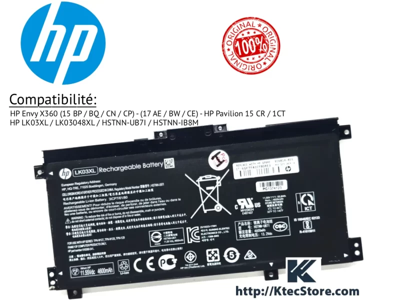 Batterie HP LK03XL Originale 11.55V compatible HP Envy x360 et Pavilion