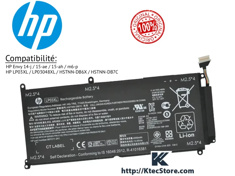 Batterie HP LP03XL compatible HP Envy 14-j et HP Envy 15-ae de remplacement