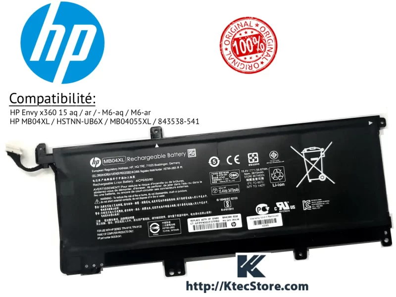 Batterie HP MB04XL originale 15.4V 55Wh compatible HP Envy x360 et M6