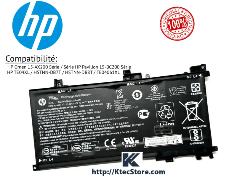 Batterie HP TE04XL 63Wh originale compatible HP Omen 15 AX et Pavilion Gaming 15 BC Algérie