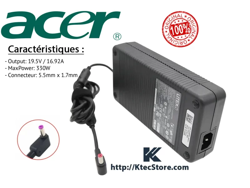 Chargeur Acer 330W Original 19V 16.92A – Predator Helios & Nitro Algérie Chargeur Acer 330W 19V 16.92A original pour Predator Helios, Nitro et Triton, livraison en Algérie – KtecStore