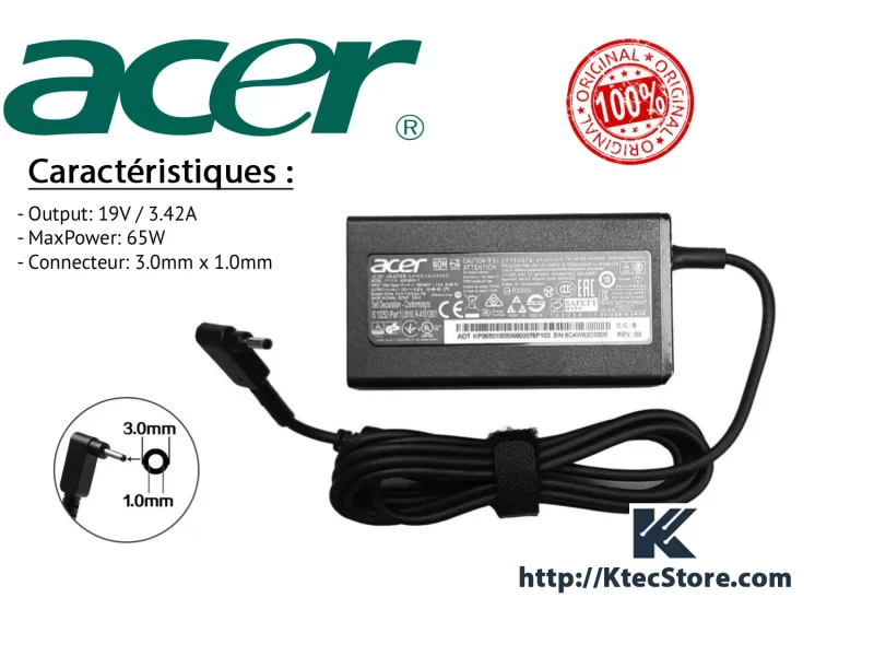 Chargeur Acer 65W Original 19V 3.42A 3.0x1.0mm – KtecStore Algérie Chargeur Acer 65W original 19V 3.42A connecteur 3.0x1.0mm compatible Aspire, Swift et Chromebook – disponible en Algérie chez KtecStore