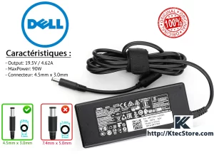 Chargeur DELL 90W Original 19.5V 4.62A pour Inspiron, Latitude, XPS – Fiche Bleue 4.5×3.0mm