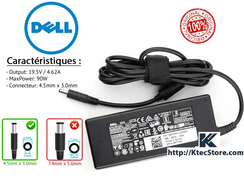 Chargeur DELL 90W Original 19.5V 4.62A pour Inspiron, Latitude, XPS – Fiche Bleue 4.5×3.0mm