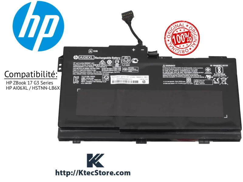 Batterie HP AI06XL Originale pour ZBook 17 G3 – HSTNN-LB6X Batterie HP originale pour ZBook 17 G3 disponible chez KtecStore en Algérie.
