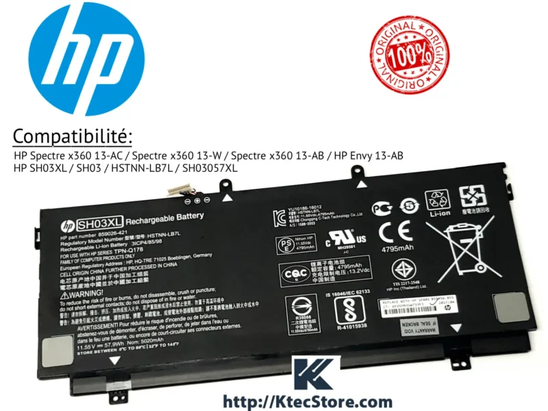 Batterie HP SH03XL compatible HP Spectre x360 13-AC 13-W 13-AB et HP Envy 13-AB KtecStore