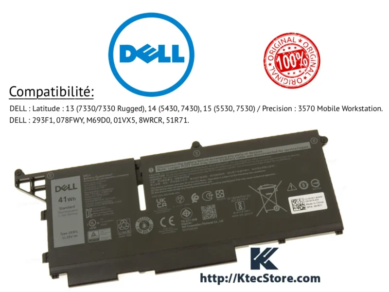 Batterie Dell 293F1 41Wh 11.25V pour Latitude 5430 5530 7330