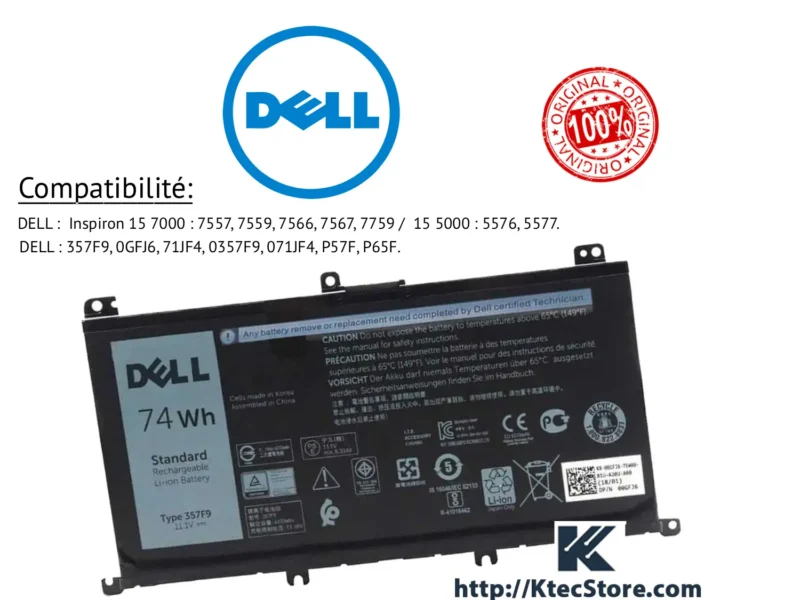 Batterie Dell 357F9 74Wh 11.1V pour Inspiron 7557 7559 7567 5577