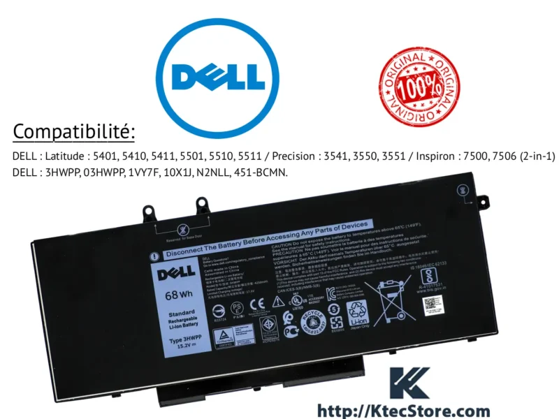 Batterie Dell 3HWPP 15.2V 68Wh pour Latitude 5410 5510 Precision 3550