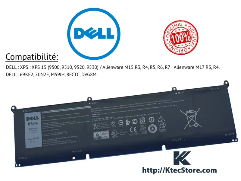 Batterie Dell 69KF2 86Wh 11.4V compatible XPS 15 Precision Alienware G15
