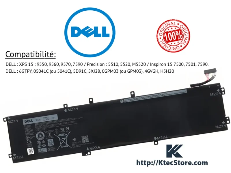 Batterie Dell 6GTPY 97Wh originale Batterie Dell 6GTPY 97Wh 11.4V pour XPS 15 et Precision