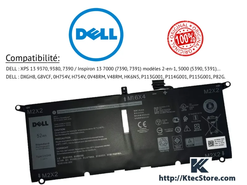 Batterie Dell DXGH8 7.6V 52Wh pour XPS 13 Inspiron Latitude