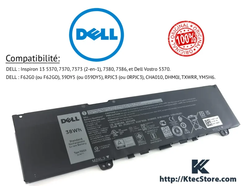 Batterie Dell F62G0 11.4V 38Wh pour Inspiron 13 et Vostro
