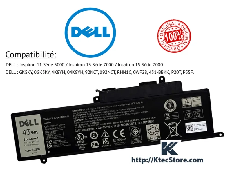 Batterie Dell GK5KY originale Inspiron Batterie Dell GK5KY 11.1V 43Wh pour Inspiron 11 13 15