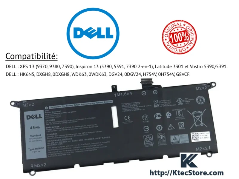 Batterie Dell HK6N5 7.6V pour XPS 13 Inspiron et Latitude