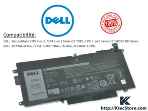 Accueil 2 Batterie Dell K5XWW 60Wh 7.6V pour Latitude 2-en-1