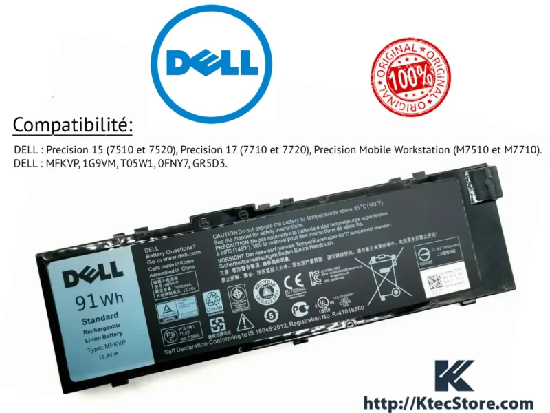 Batterie Dell MFKVP originale 91Wh Batterie Dell MFKVP 91Wh 11.4V pour Dell Precision 7510 7710