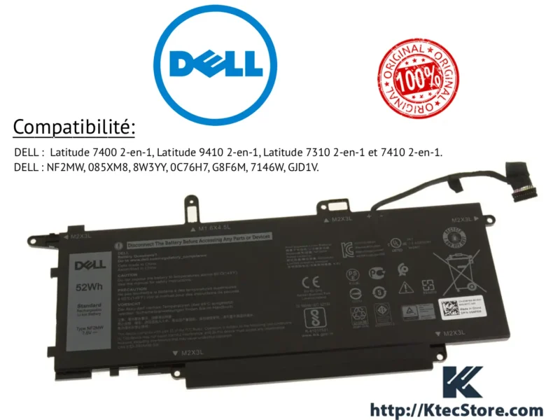 Batterie Dell NF2MW 52Wh 7.6V pour Dell Latitude 2-en-1