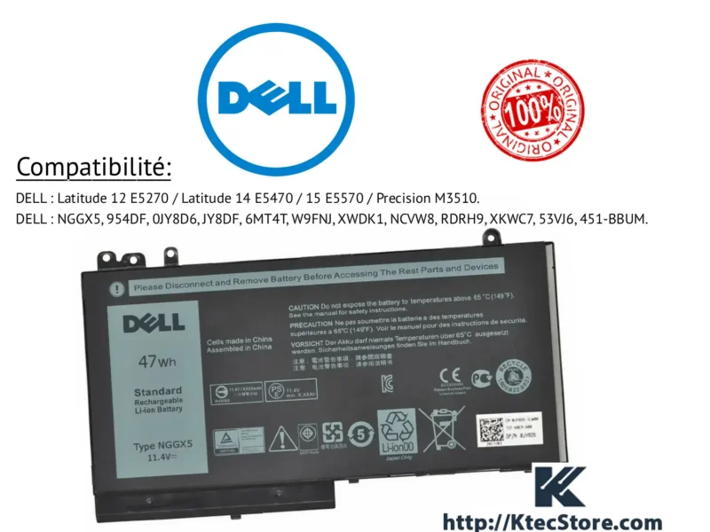 Batterie Dell NGGX5 11.4V 47Wh compatible Latitude E5270 E5470 E5570 Precision M3510