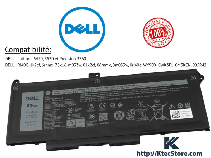 Batterie Dell RJ40G 15.2V 63Wh compatible Latitude 5420 5520 Precision 3560