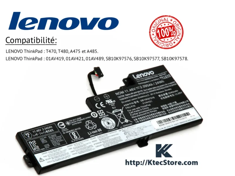 Batterie Lenovo 01AV420 interne pour ThinkPad T470 T480 A475 A485